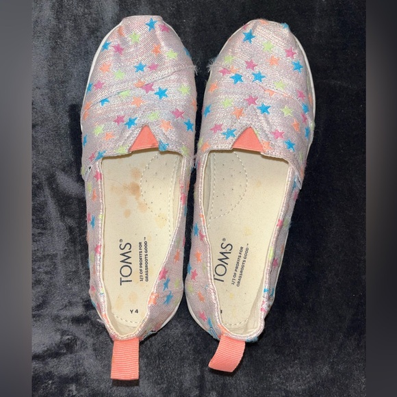 Big Girls TOMS Alpargata shoes Pink Glimmer Stars, size youth 4 - Picture 3 of 9